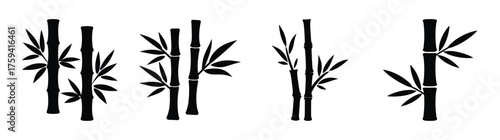 Elegant black bamboo stalks with foliage in four diverse arrangements offering naturalistic design elements