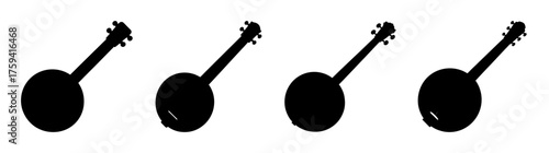 Four silhouetted banjo icons in a row capturing the spirit of folk music