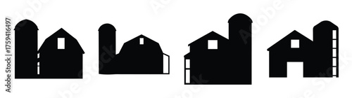 Charming silhouettes of traditional american barns and silos for rural farm and countryside themes
