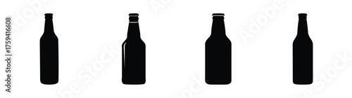 Set of four distinct black beer bottle silhouettes suitable for various beverage designs