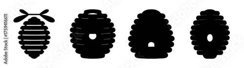 Four stylized black beehive icons various shapes honeycomb bee farm insect nature apiculture entomology symbol collection