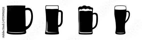 Collection of four distinct black silhouettes of beer mugs showing different styles and contents