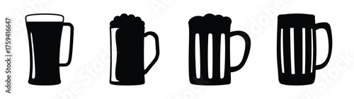Collection of four stylized beer mug icons featuring different designs and foamy tops