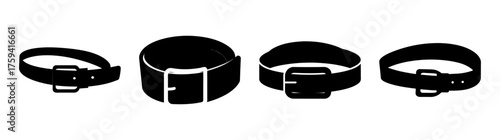 Collection of four black leather belts with buckles displayed from different angles on a clean surface
