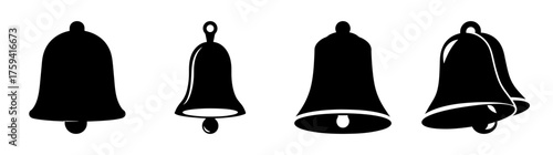 Collection of four distinct black silhouettes of bells with hanging clappers and handles