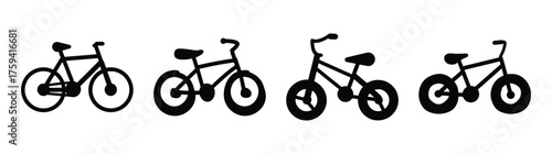 Four diverse bicycle silhouettes varying in size and style creating a dynamic visual sequence for transport and sport themes