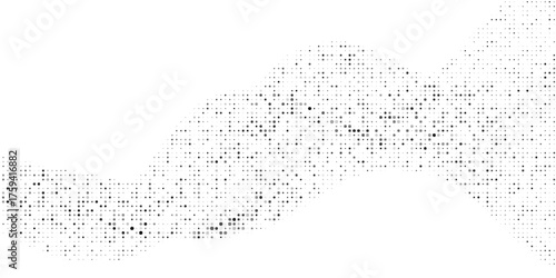 Flowing dots particles wave pattern halftone gradient curve shape isolated on white background