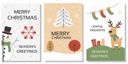 Cute Christmas cards with snowman, reindeer and winter trees. Festive holiday greeting design.