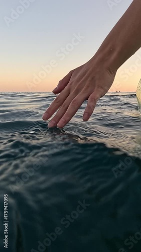 Hand water ocean, person touching calm sea at golden hour, tranquil nature. Vertical video.