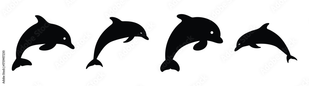 Fototapeta premium Fourenergeticblackdolphinsleapingjoyfullyinsequencecreatingadynamicunderwaterscene