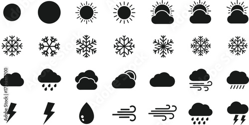 Collection of weather icons representing sun clouds rain snow wind and lightning isolated on transparent background
