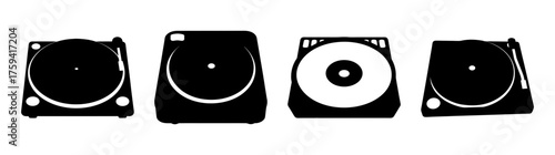 Fourblackdjturntableslinedupsidebysideshowingdifferentanglesandacdplayer