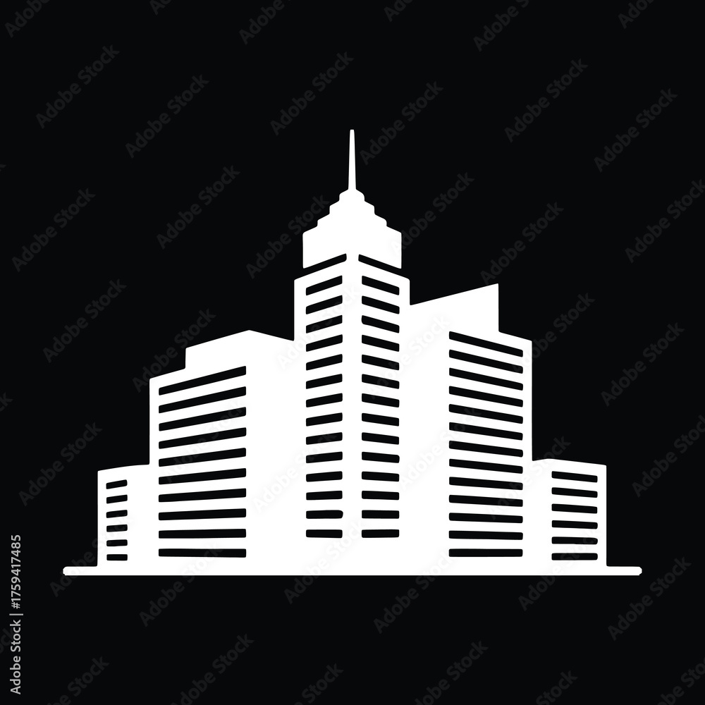 Fototapeta premium Elegant silhouette of a modern high-rise building with a prominent spire, surrounded by other skyscrapers, set against a dark background, capturing urban architecture and cityscape design