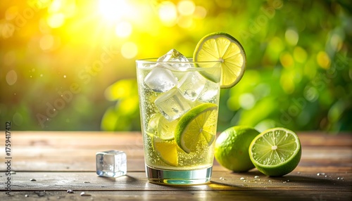 A refreshing glass of sparkling lime drink with ice cubes and fresh lime slices, set on a natural wooden table with a vibrant, sunlit background