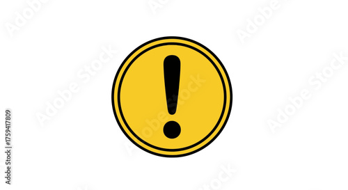 A bold black exclamation mark inside a yellow circle with a black border, isolated on a white background.