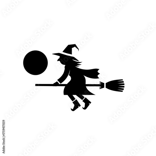 Spooky silhouette of a witch flying on a broomstick against a full moon backdrop - perfect for Halloween designs and festive projects