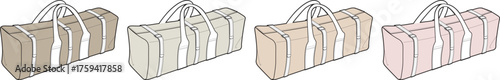 Four suspended cargo containers showing different shades of beige and pink, presented in a row