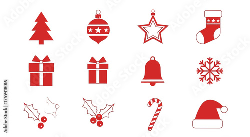 A flat lay of various Christmas icons in red and white on a plain white background.
