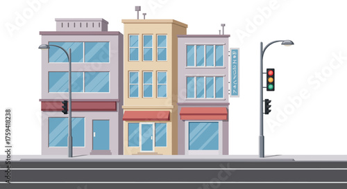 Illustration of a colorful city street with buildings and traffic light against a white background