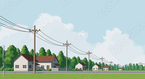 Illustration of a suburban neighborhood with houses, power lines, and trees under a blue sky with white clouds.