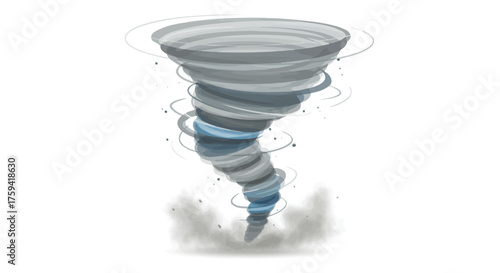 Illustration of a swirling gray tornado with blue accents on a white background, depicted in a dynamic spiral motion.