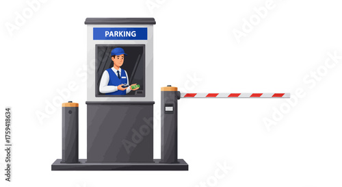 Illustration of a parking attendant operating a gate booth with a red and white barrier arm extended.