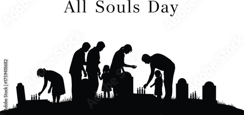 All souls day with family visiting grave and lighting candle to remember dead
