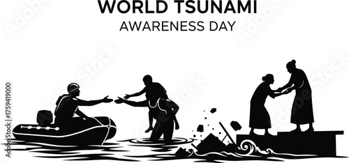 World tsunami awareness day illustration, silhouette of people helping each other during a tsunami