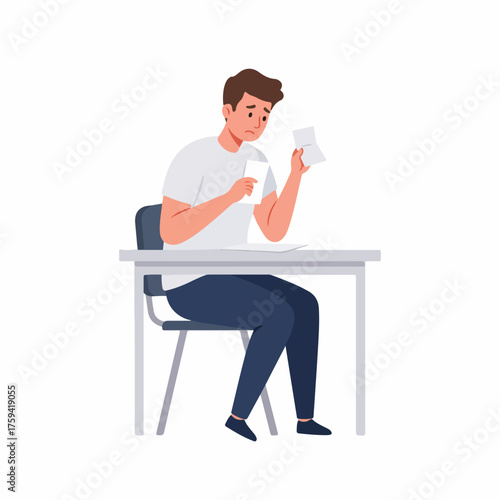 Flat Illustration of Depressed Man Reading Bad News at Desk