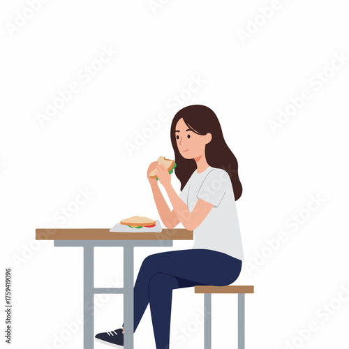 Flat Illustration Woman Eating Sandwich Sitting at Table in Cafe