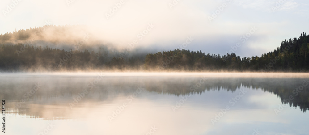 Fototapeta premium Panorama of the lake Bæreia in Kongsvinger, Norway. Photographed at sunrise. 
