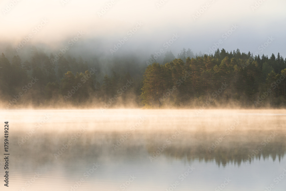 Fototapeta premium Photography of the lake Bæreia in Kongsvinger, Norway, at sunrise and with a foggy atmosphere.