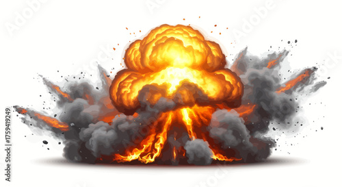 Digital illustration of a large explosion with fiery orange and yellow hues, surrounded by dark smoke and debris on a white background.