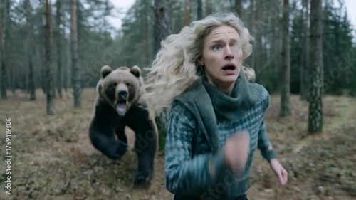 A terrified woman runs from an aggressive bear in the forest. Wild animal chasing a person through the woods. Survival and danger concept