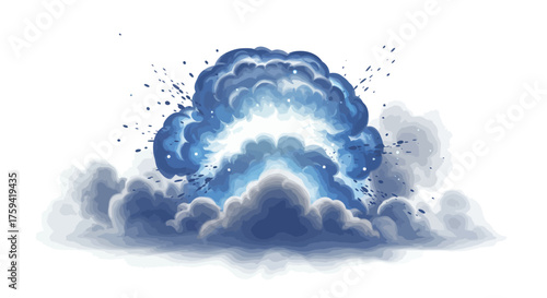 Digital illustration of a vibrant blue cloud with radiant light bursting through, surrounded by smaller clouds and particles on a white background.