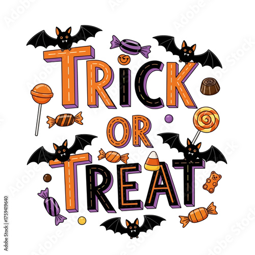 Spooky season is here! Trick or treat with cute bats and yummy candies for Halloween greeting cards and party decorations, inviting everyone to celebrate