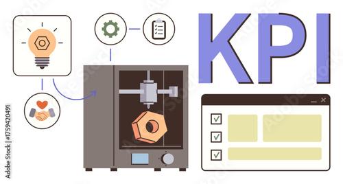 3D printer crafting hexagonal object connected to innovation, gears, checklist, and KPI dashboard. Ideal for productivity, innovation, KPIs, workflow, manufacturing teamwork simple flat metaphor