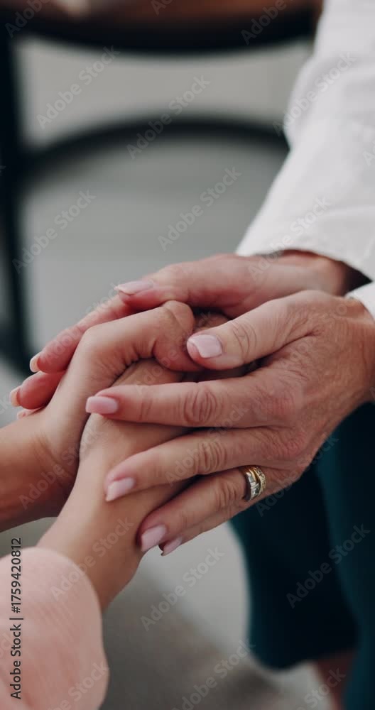 Support, hands and patient with doctor for consultation, stress and anxiety for result feedback. Healthcare, follow up appointment and woman with specialist, comfort and empathy for medical diagnosis