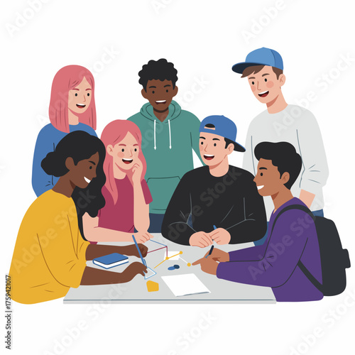 Flat Style Diverse Group of Students Collaborating Together at Table Illustration
