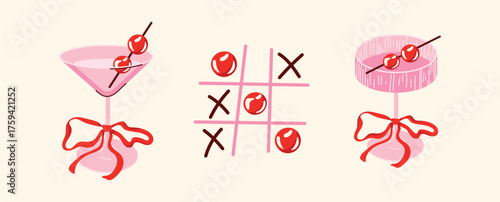 Coquette Party Vector Set. Retro Pink Cocktail Glasses, Maraschino Cherries with Bows, and Tic-Tac-Toe Game. Valentine and love concept