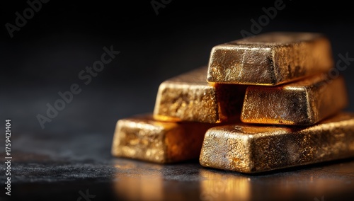 Gold Bars Bullion Stacked Illuminated by Spotlight Against Dark Background for Financial Banner Design