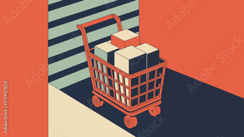 A shopping cart filled with boxes against a striped wall and orange background illustration