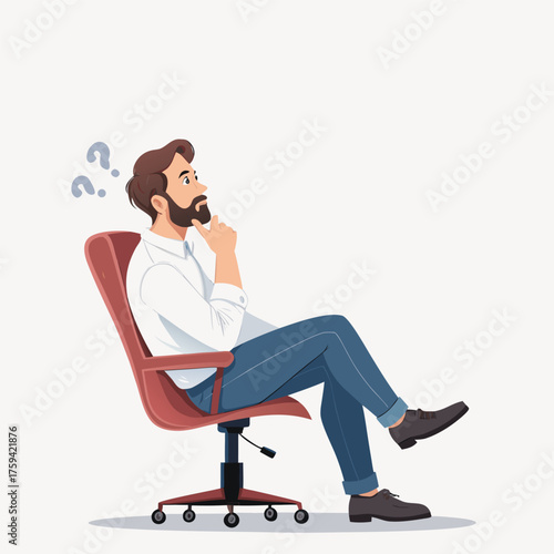 A man with a beard sits in a modern office chair resting his ching on his hand, question mark on his head, thinking pose, simple vector illustration.