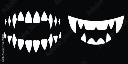 Set of 2 vampires teeth vector icon isolated on black background