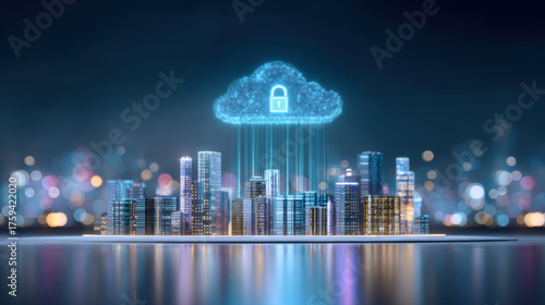 Cloud cybersecurity city skyline with secure cloud connection protecting data streams over illuminated buildings at night expressing digital trust