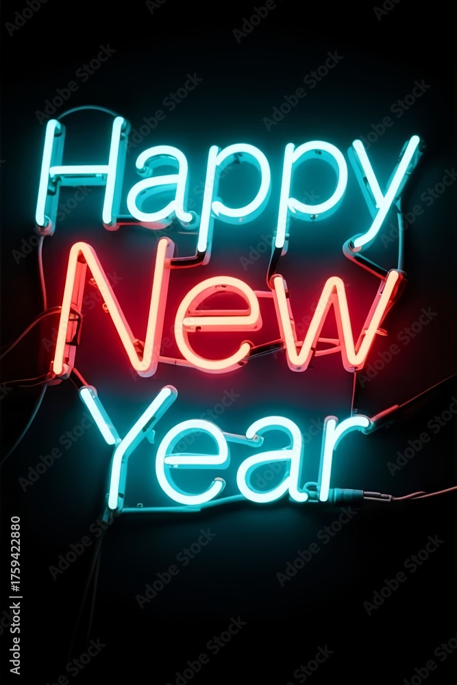 Obraz premium Glowing neon sign Happy New Year. Celebration, joy, and the start of a new year. For use in holiday promotions, party invitations, and seasonal advertising designs