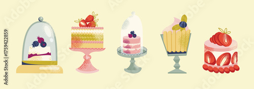 Assorted Cute Vector Cakes Collection. Bakery, Patisserie, Dessert Menu Design, Sweet Shop Graphics, or Cafe Decoration Elements Set