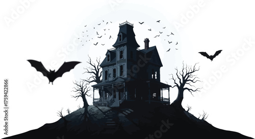 Vector art of haunted house on a hill with bats flying around