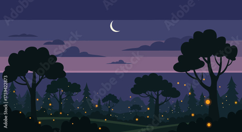 Enchanted Forest Night Scene with Fireflies and Crescent Moon.