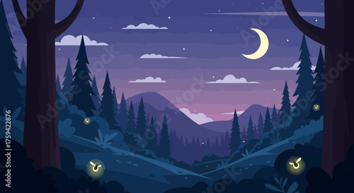 Enchanting Night Forest Landscape with Crescent Moon and Fireflies.